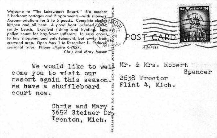 Foughts Resort (Lakewoods Resort) - Postcard Back (newer photo)